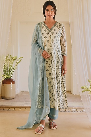 Off-White Cotton Block Printed A-Line Kurta Set by Karaj Jaipur