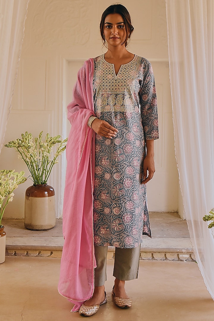 Grey Embroidered & Printed Kurta Set by Karaj Jaipur at Pernia's Pop Up Shop