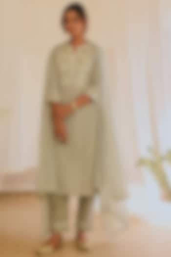 Light Grey Embroidered & Printed Kurta Set by Karaj Jaipur at Pernia's Pop Up Shop