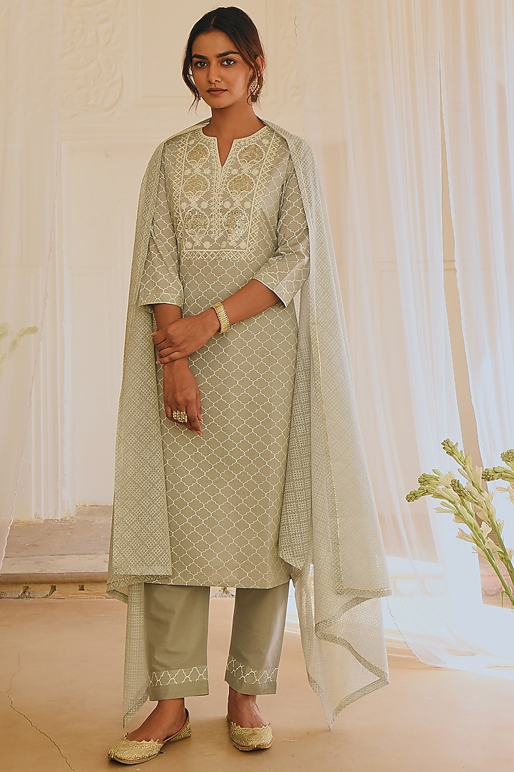 Light Grey Embroidered & Printed Kurta Set by Karaj Jaipur at Pernia's Pop Up Shop