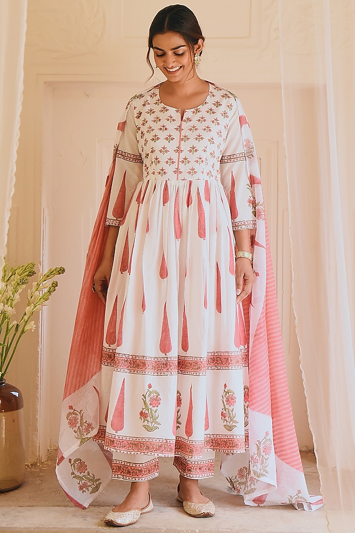 Off-White & Charm Pink Printed Anarkali Set by Karaj Jaipur