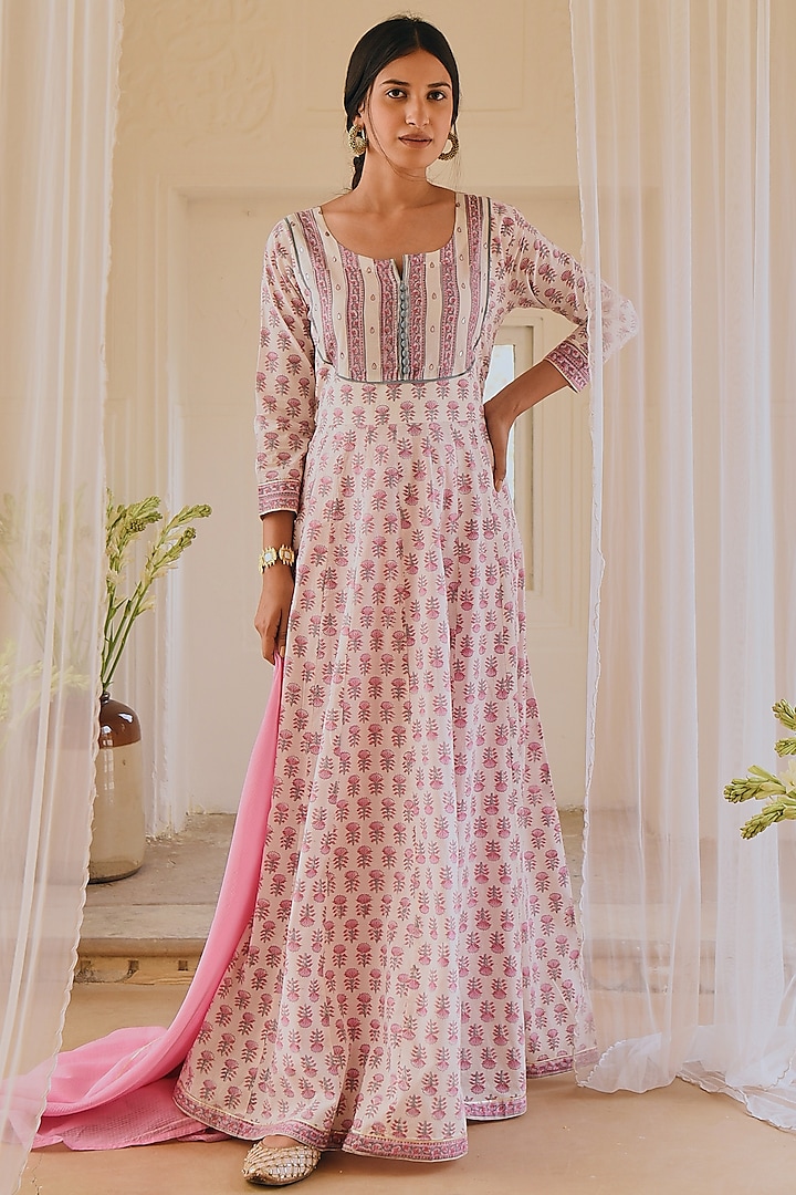 White Block Printed Anarkali Set by Karaj Jaipur