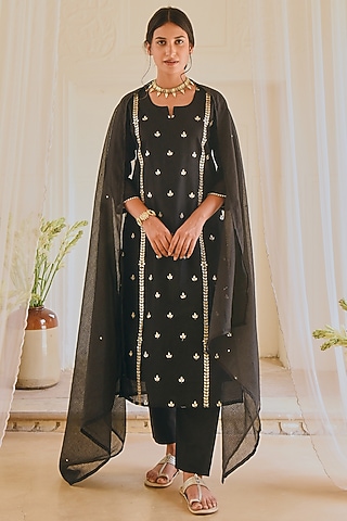 Black Hand Embroidered Kurta Set by Karaj Jaipur