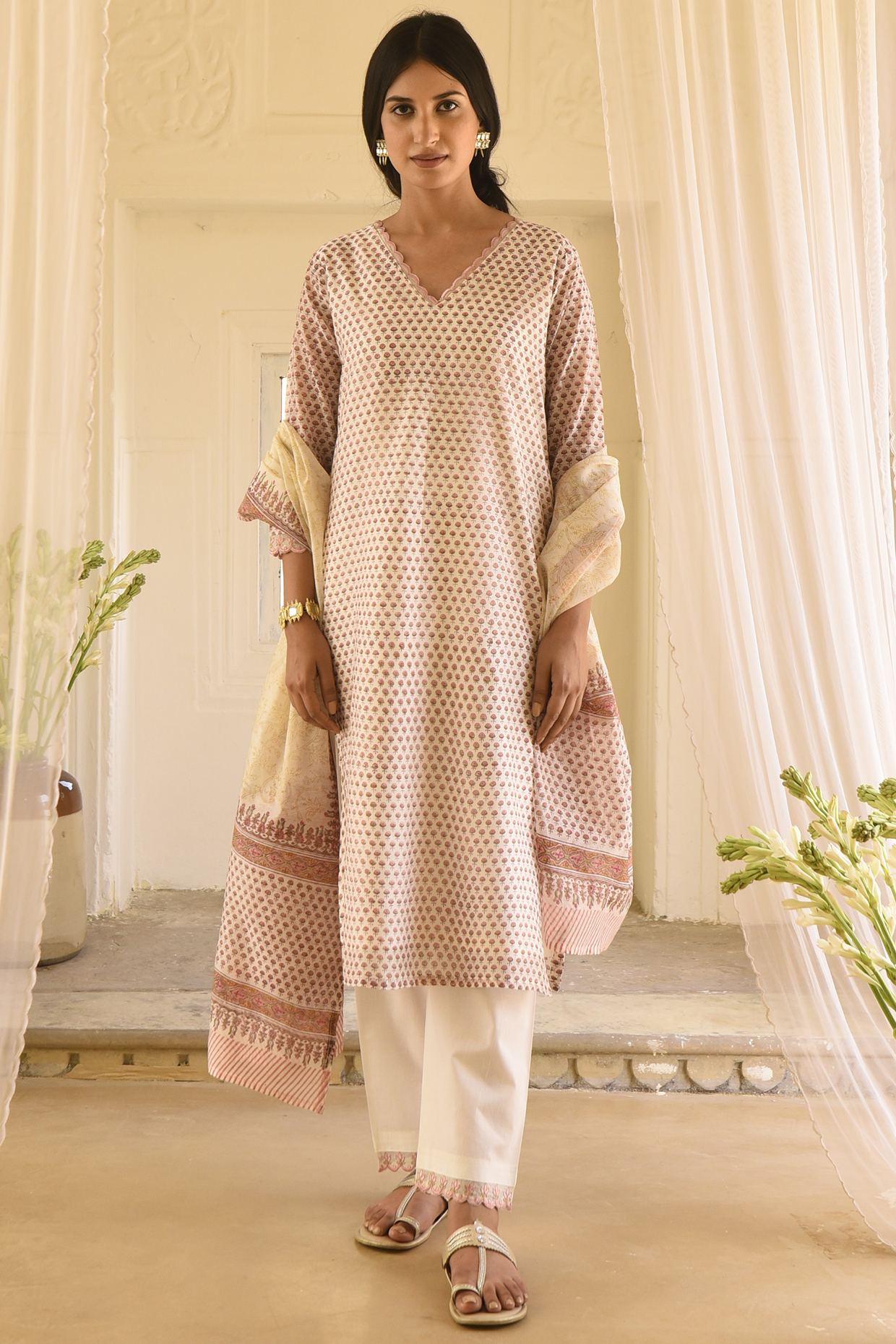 Blush Pink Block Printed Kurta Set by Karaj Jaipur at Pernia's Pop Up Shop