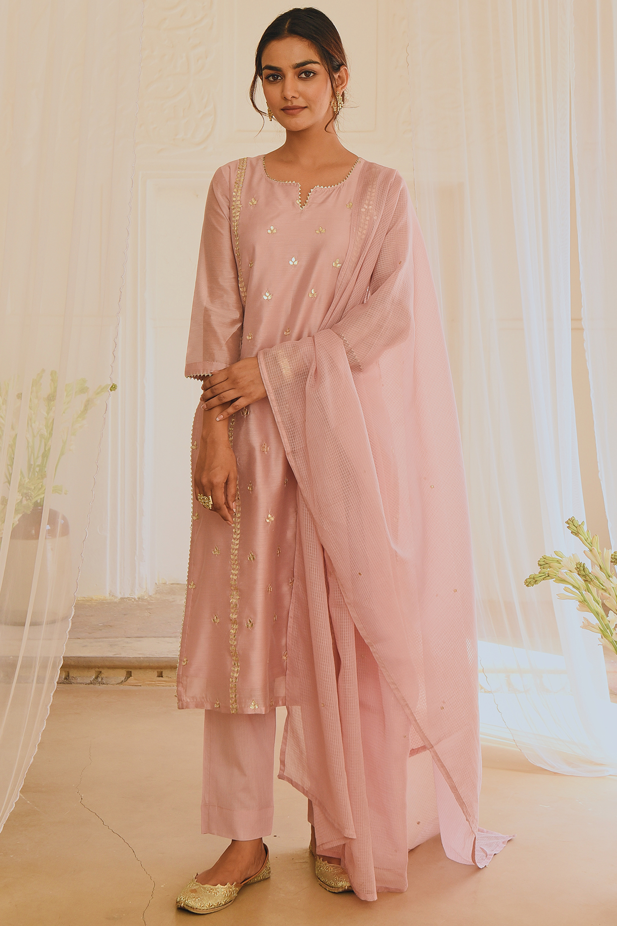 Rose Pink Hand Embroidered Kurta Set by Karaj Jaipur