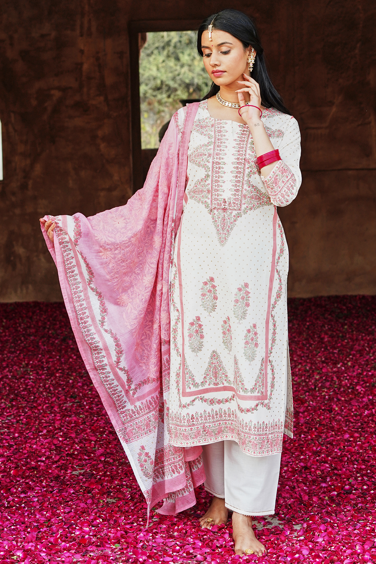 Pink Cotton Block Printed Kurta Set by Karaj Jaipur at Pernia's Pop Up Shop