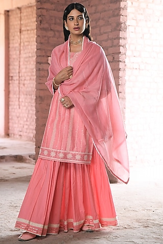 Pink Cotton Embroidered Sharara Set by Karaj Jaipur