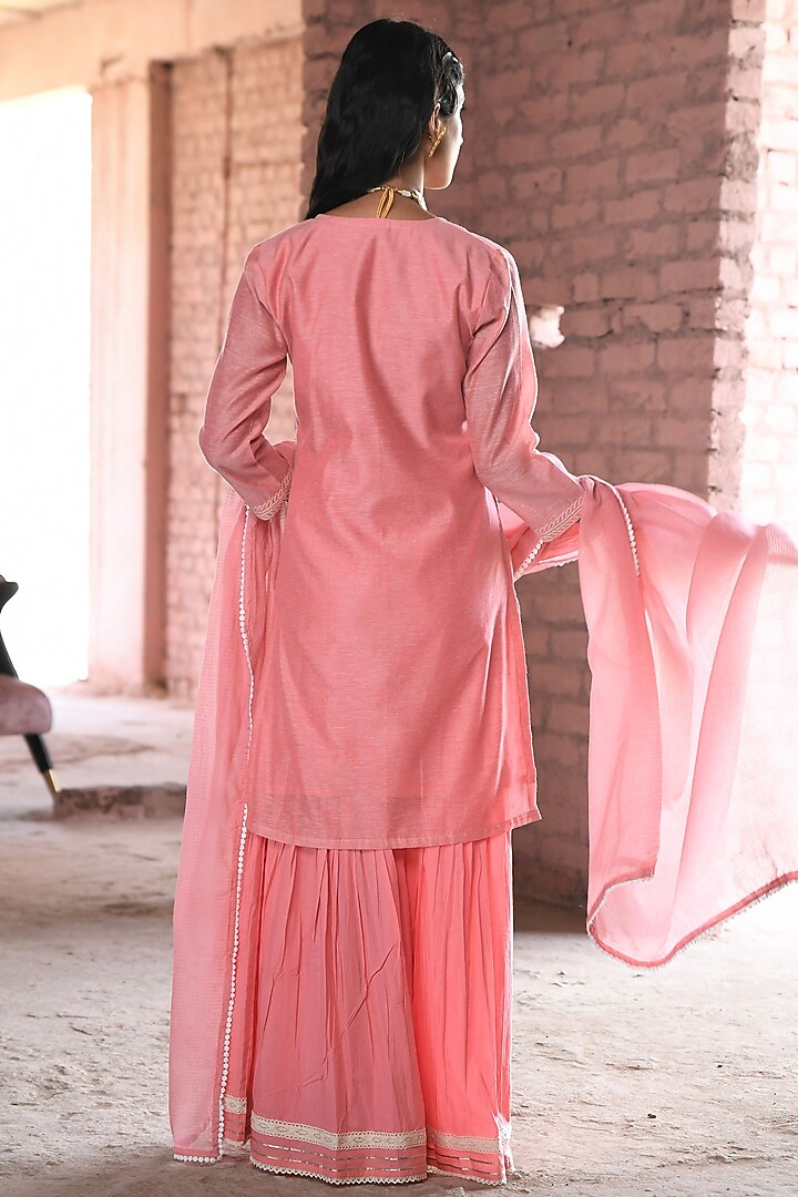 Pink Cotton Embroidered Sharara Set by Karaj Jaipur at Pernia's Pop Up Shop