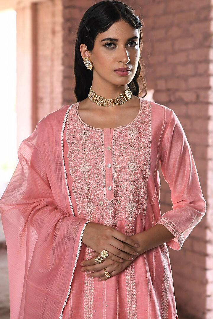 Pink Cotton Embroidered Sharara Set by Karaj Jaipur at Pernia's Pop Up Shop
