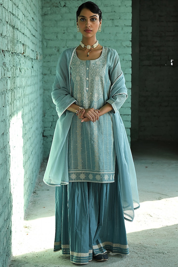 Blue Cotton Embroidered Sharara Set by Karaj Jaipur at Pernia's Pop Up Shop