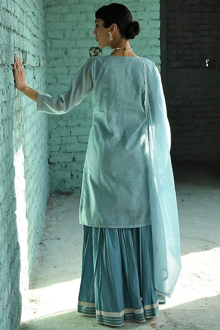 Blue Cotton Embroidered Sharara Set by Karaj Jaipur at Pernia's Pop Up Shop
