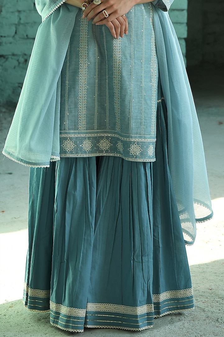 Blue Cotton Embroidered Sharara Set by Karaj Jaipur at Pernia's Pop Up Shop