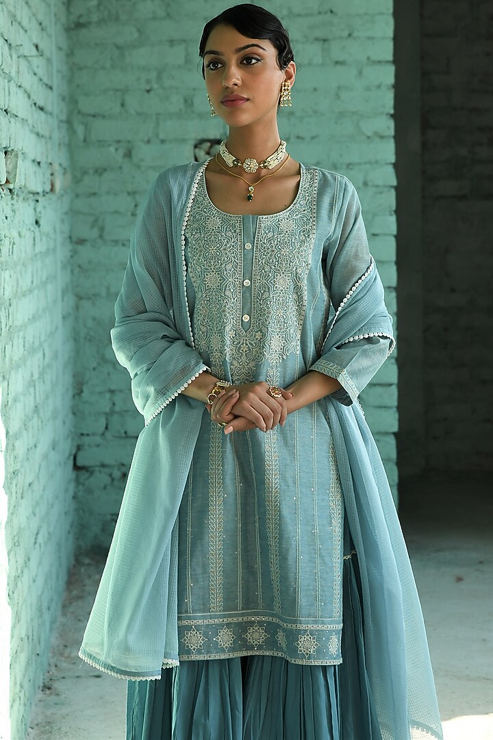 Blue Cotton Embroidered Sharara Set by Karaj Jaipur at Pernia's Pop Up Shop