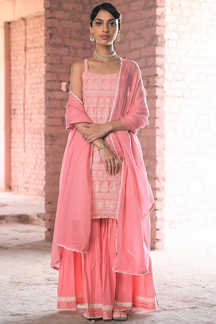 Pink Cotton Embroidered Sharara Set by Karaj Jaipur at Pernia's Pop Up Shop