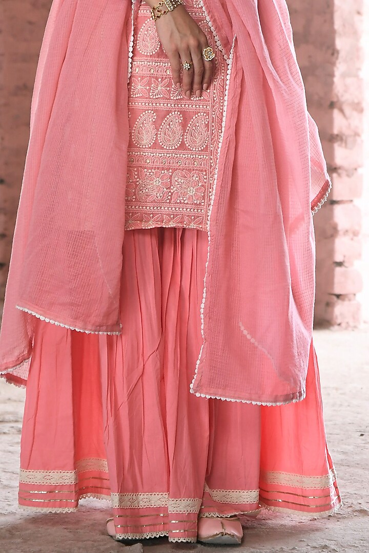 Pink Cotton Embroidered Sharara Set by Karaj Jaipur at Pernia's Pop Up Shop