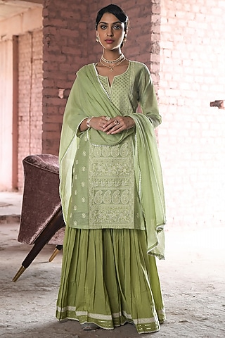 Green Cotton Embroidered Sharara Set by Karaj Jaipur