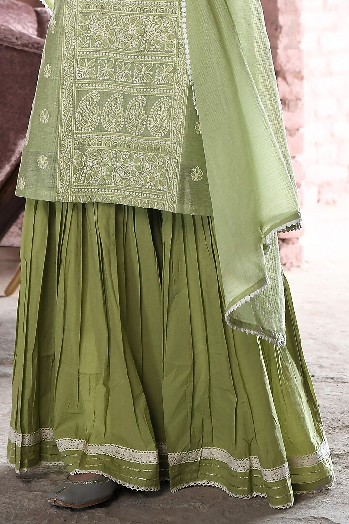 Green Cotton Embroidered Sharara Set by Karaj Jaipur at Pernia's Pop Up Shop