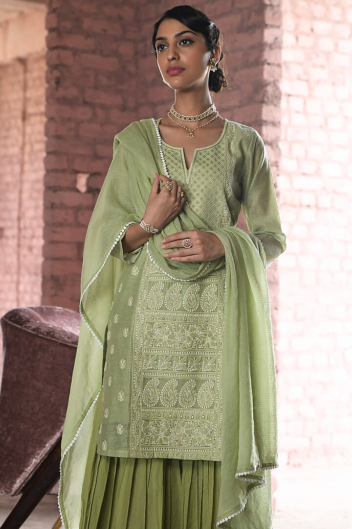 Green Cotton Embroidered Sharara Set by Karaj Jaipur at Pernia's Pop Up Shop