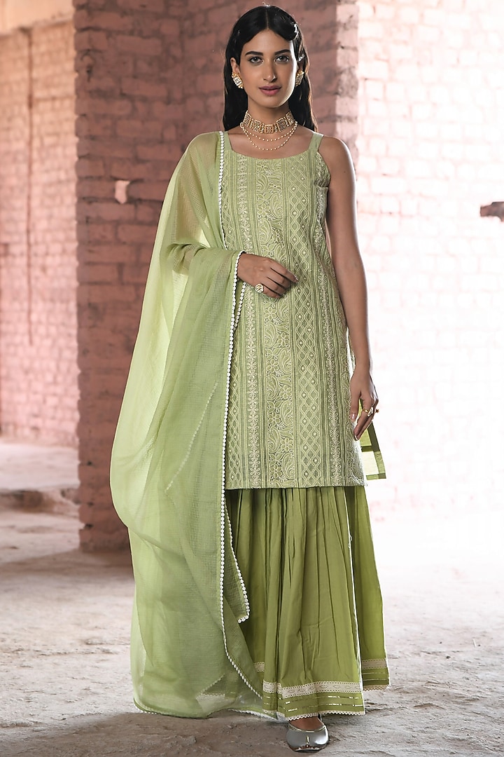 Green Cotton Embroidered Sharara Set by Karaj Jaipur at Pernia's Pop Up Shop