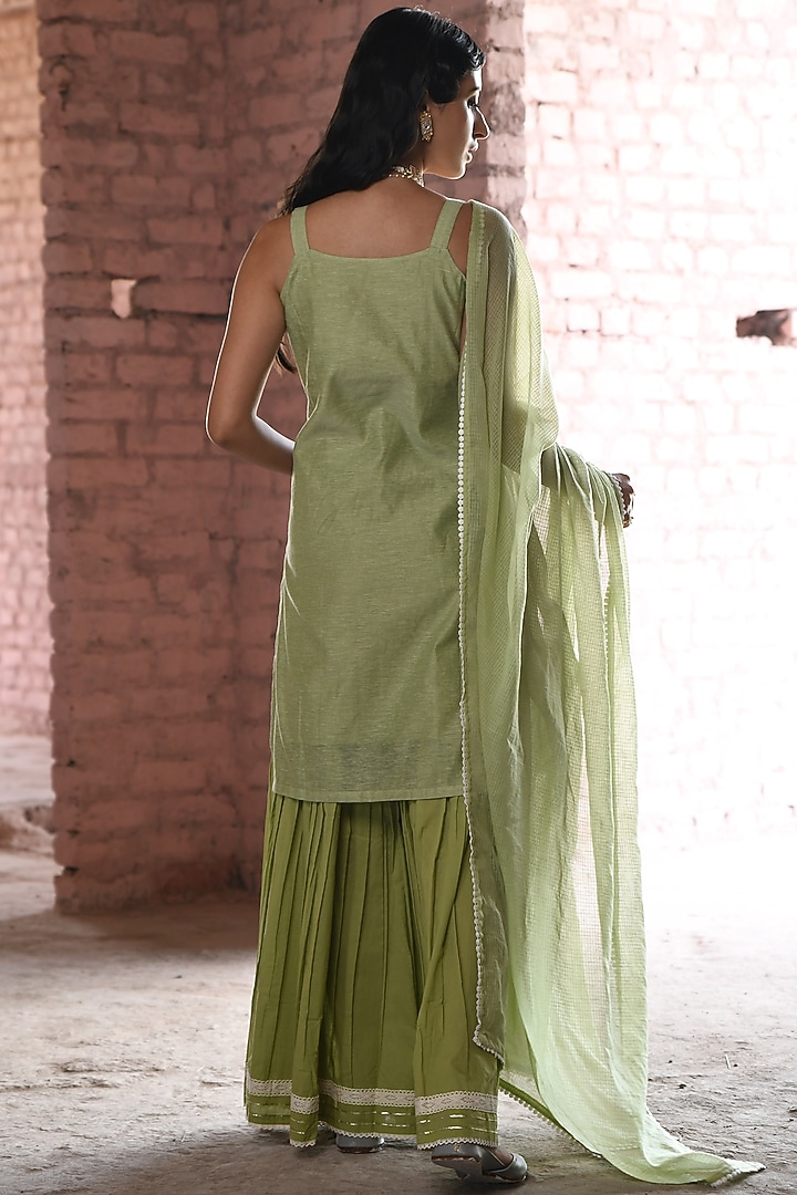 Green Cotton Embroidered Sharara Set by Karaj Jaipur at Pernia's Pop Up Shop