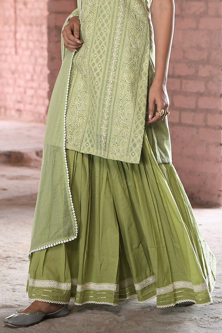 Green Cotton Embroidered Sharara Set by Karaj Jaipur at Pernia's Pop Up Shop