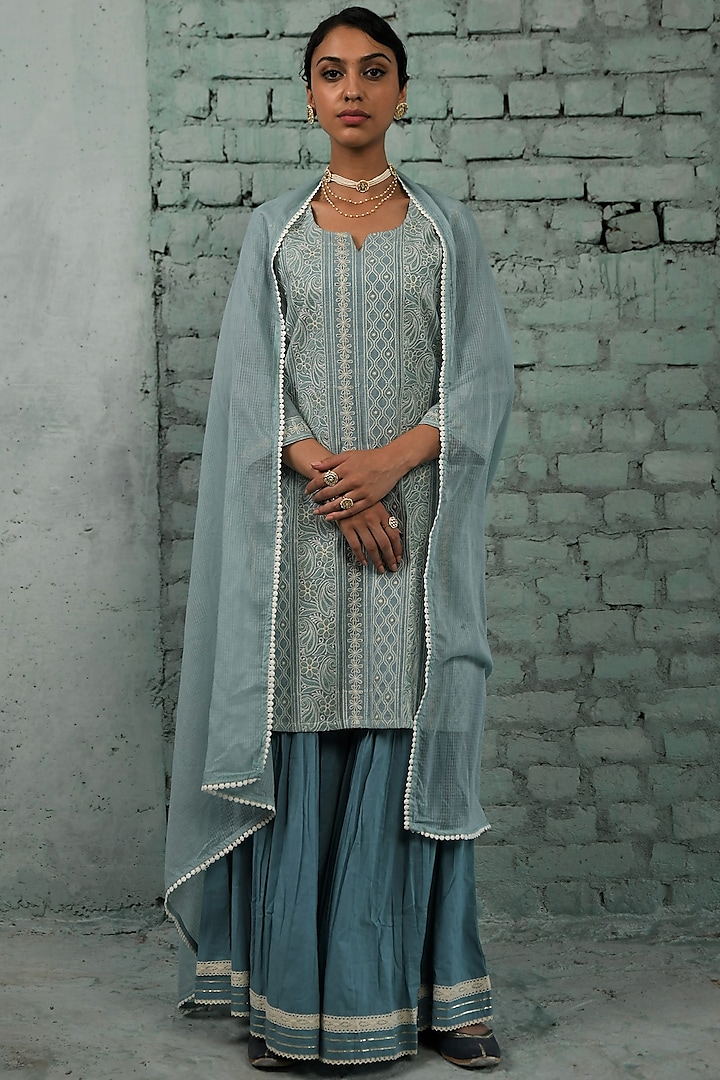 Blue Cotton Embroidered Sharara Set by Karaj Jaipur at Pernia's Pop Up Shop