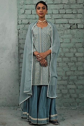 Blue Cotton Embroidered Sharara Set by Karaj Jaipur