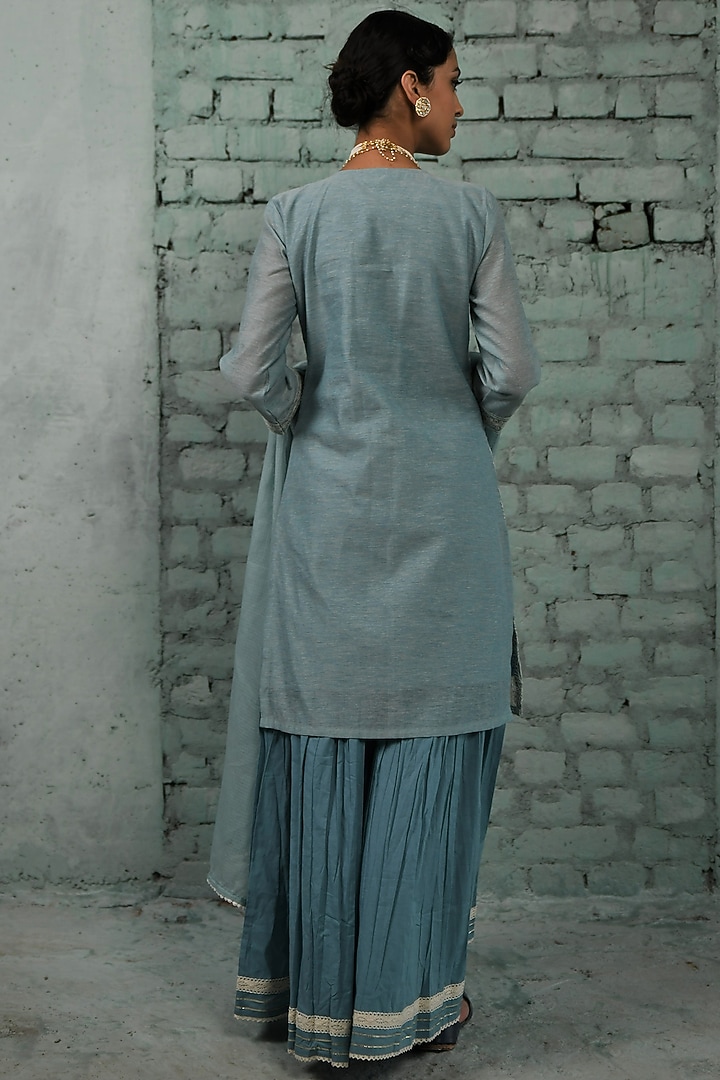 Blue Cotton Embroidered Sharara Set by Karaj Jaipur at Pernia's Pop Up Shop