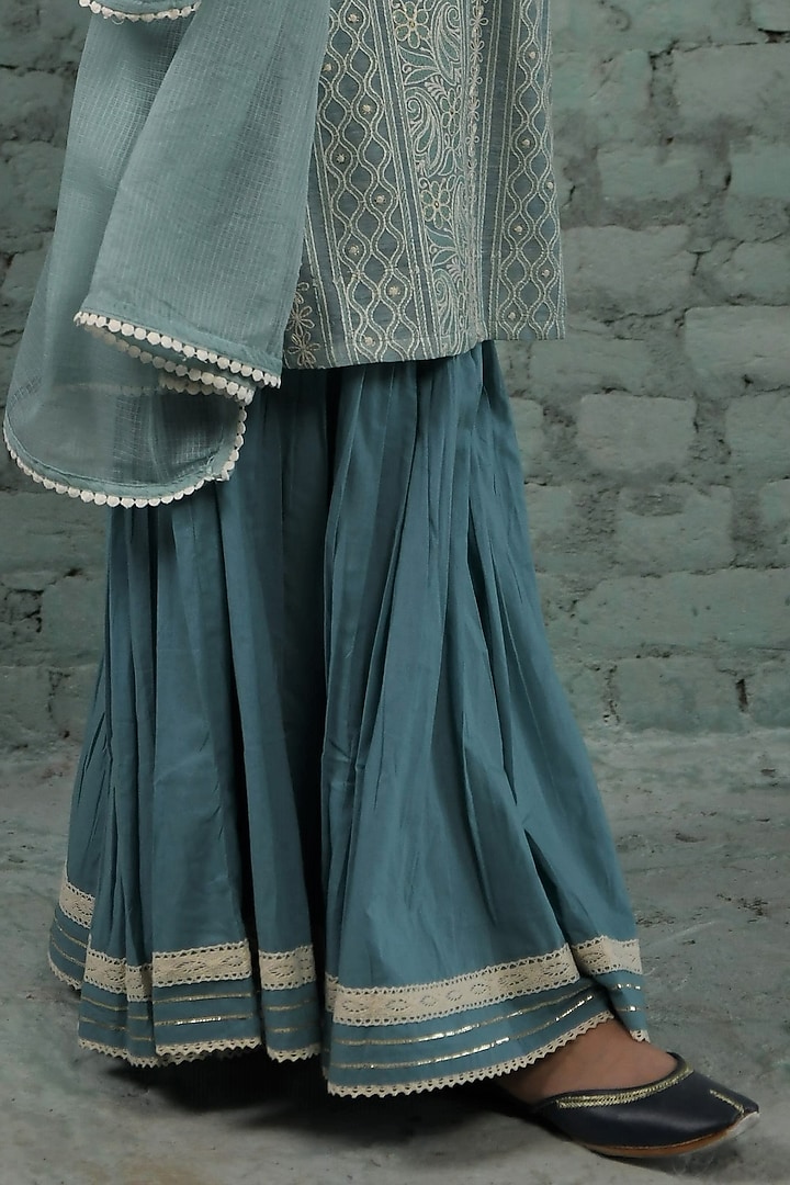 Blue Cotton Embroidered Sharara Set by Karaj Jaipur at Pernia's Pop Up Shop