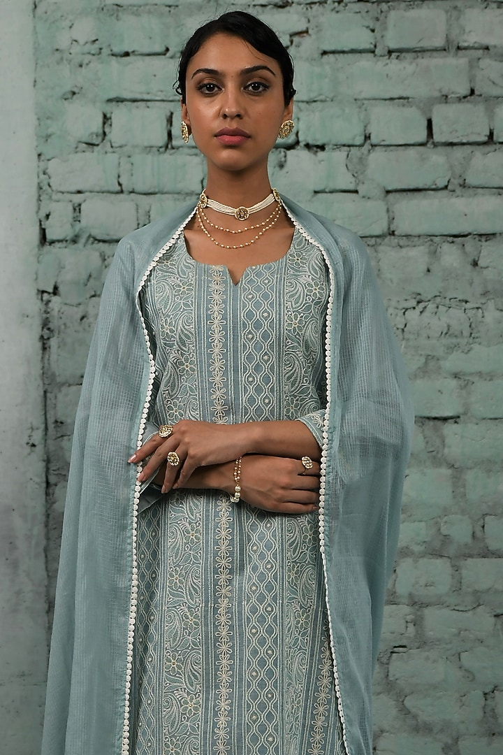 Blue Cotton Embroidered Sharara Set by Karaj Jaipur at Pernia's Pop Up Shop