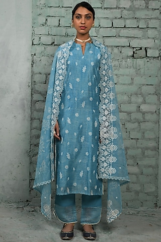 Firozi Blue Chanderi Embroidered Kurta Set by Karaj Jaipur