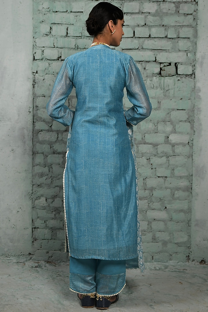 Firozi Blue Chanderi Embroidered Kurta Set by Karaj Jaipur at Pernia's Pop Up Shop