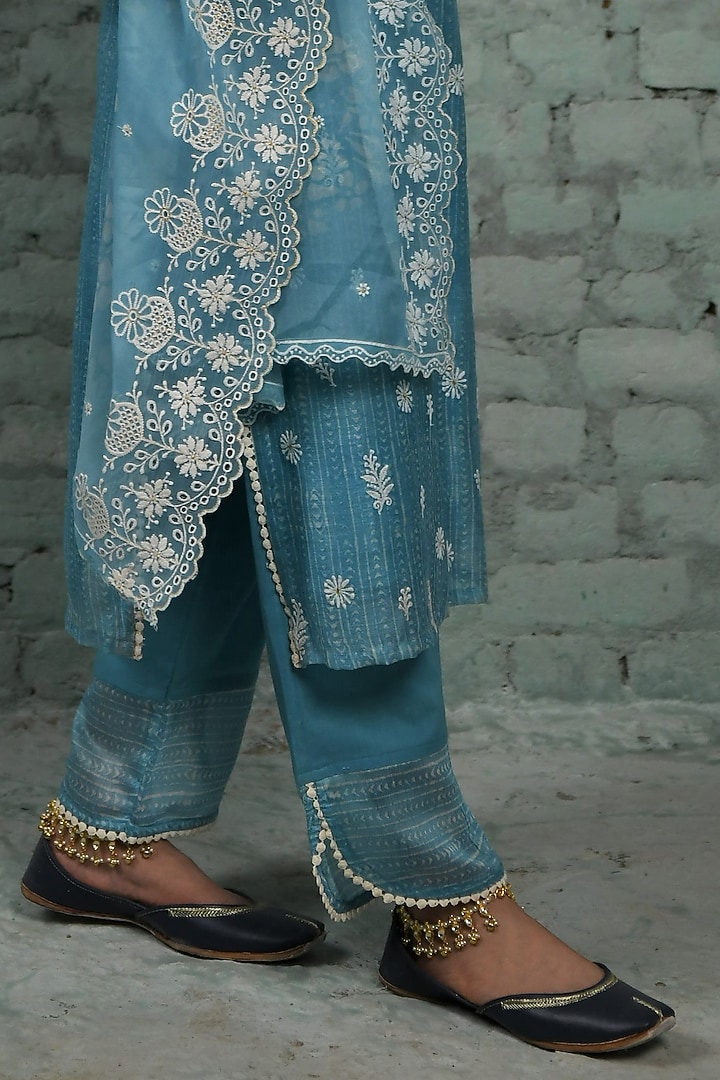 Firozi Blue Chanderi Embroidered Kurta Set by Karaj Jaipur at Pernia's Pop Up Shop