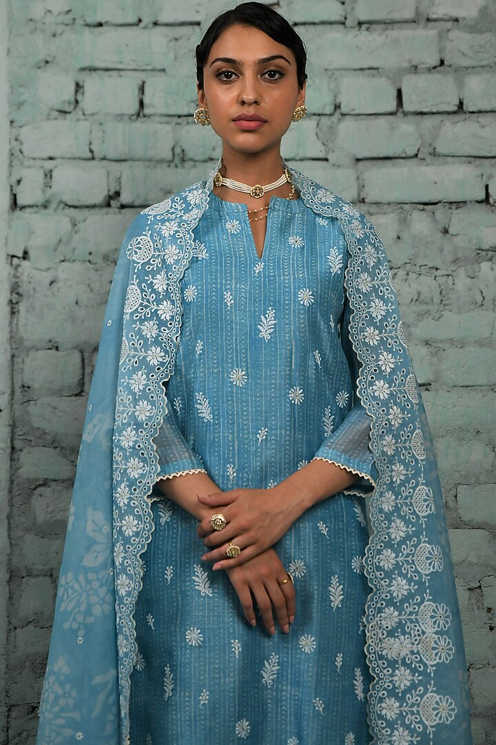Firozi Blue Chanderi Embroidered Kurta Set by Karaj Jaipur at Pernia's Pop Up Shop