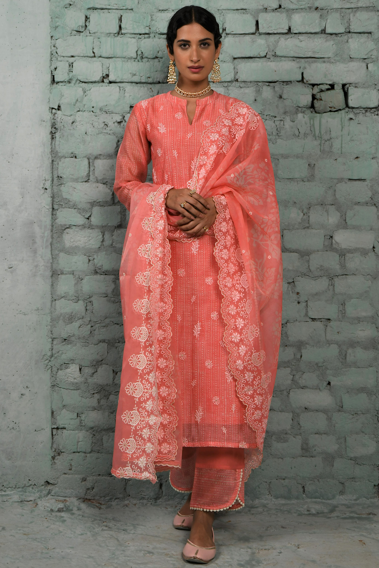 Peach Chanderi Embroidered Kurta Set by Karaj Jaipur at Pernia's Pop Up Shop