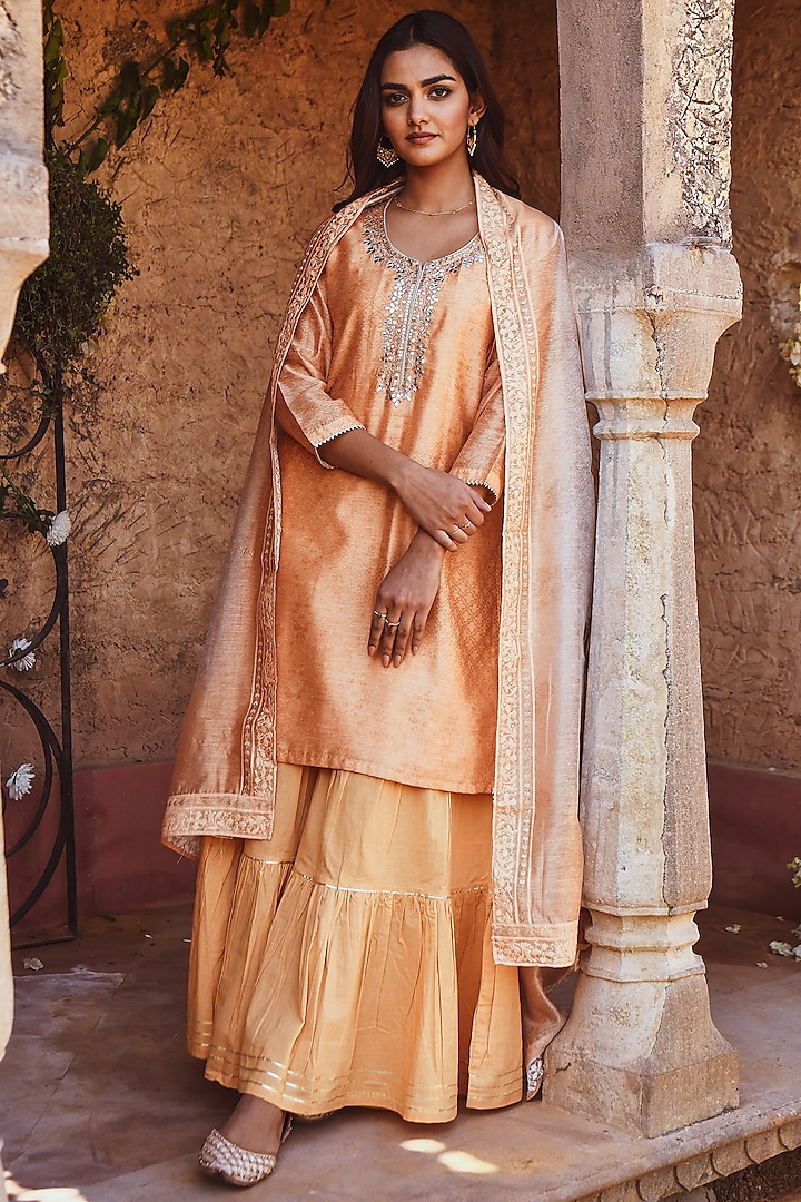 Peach Cotton Sharara Set by Karaj Jaipur