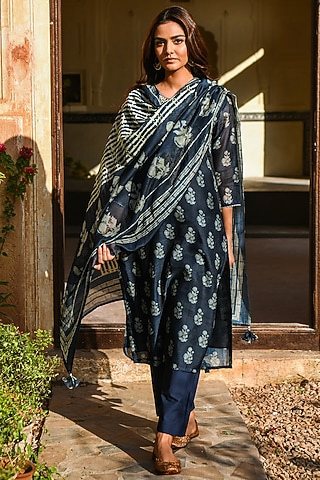 Navy Blue Embroidered Kurta Set by Karaj Jaipur