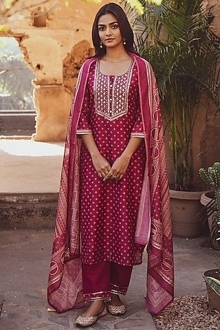 Magenta Printed Kurta Set by Karaj Jaipur