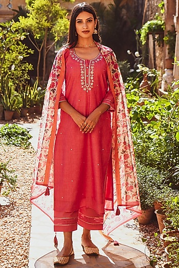 Pink Chanderi Embroidered Kurta Set  by Karaj Jaipur at Pernia's Pop Up Shop