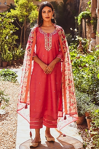 Pink Chanderi Embroidered Kurta Set  by Karaj Jaipur