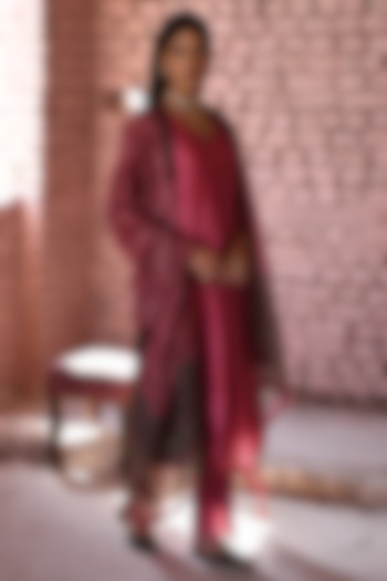 Pink Pure Chanderi Embellished A-Line Kurta Set by Karaj Jaipur at Pernia's Pop Up Shop