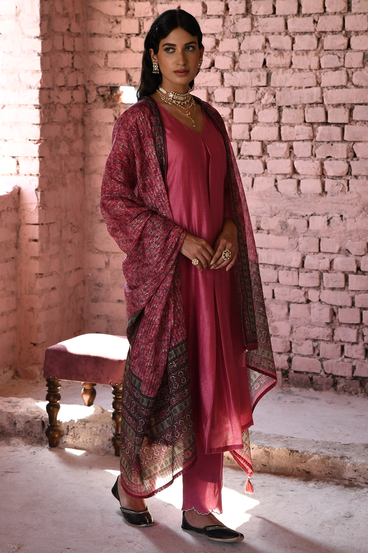 Pink Pure Chanderi Embellished A-Line Kurta Set by Karaj Jaipur at Pernia's Pop Up Shop