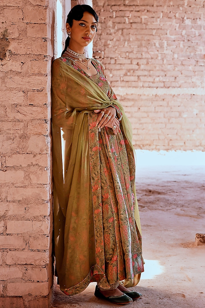 Olive Green Embellished Anarkali Set by Karaj Jaipur