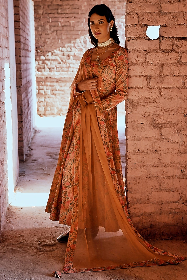Peach Embellished Party Wear Anarkali Set by Karaj Jaipur at Pernia's Pop Up Shop