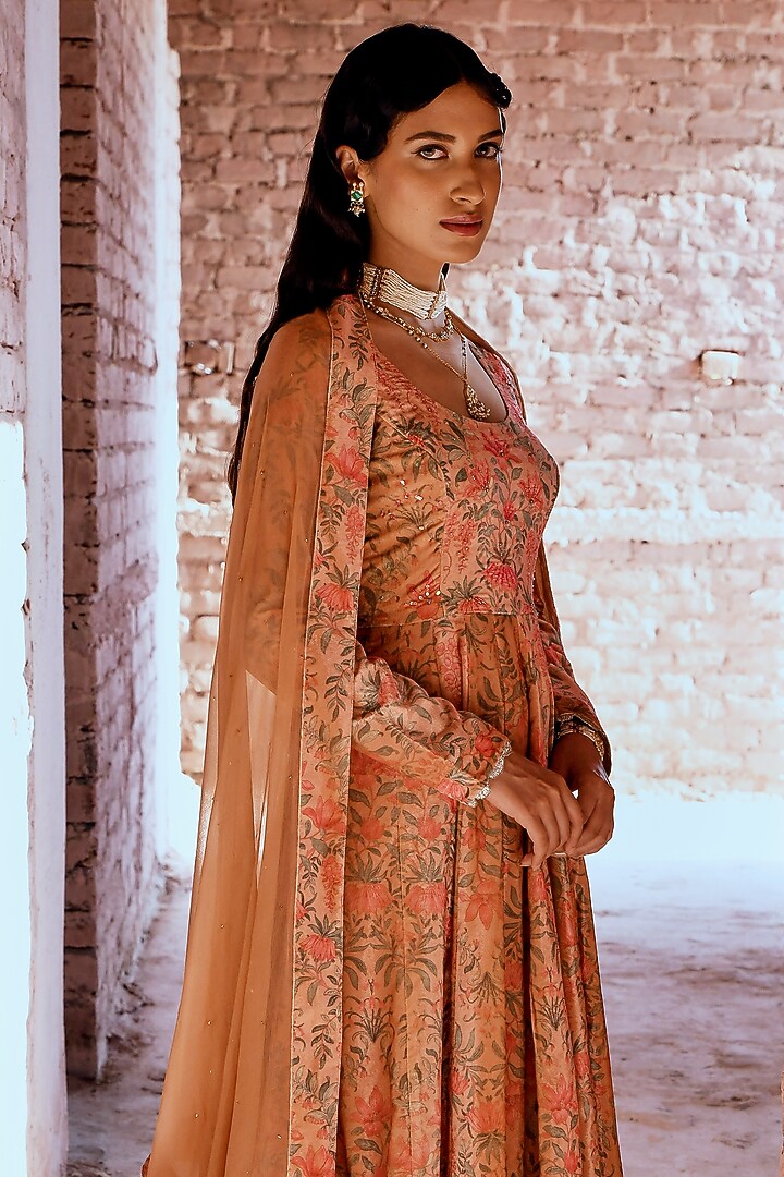 Peach Embellished Party Wear Anarkali Set by Karaj Jaipur at Pernia's Pop Up Shop