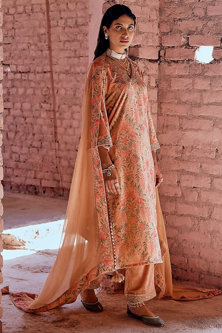 Peach Embellished Kurta Set by Karaj Jaipur