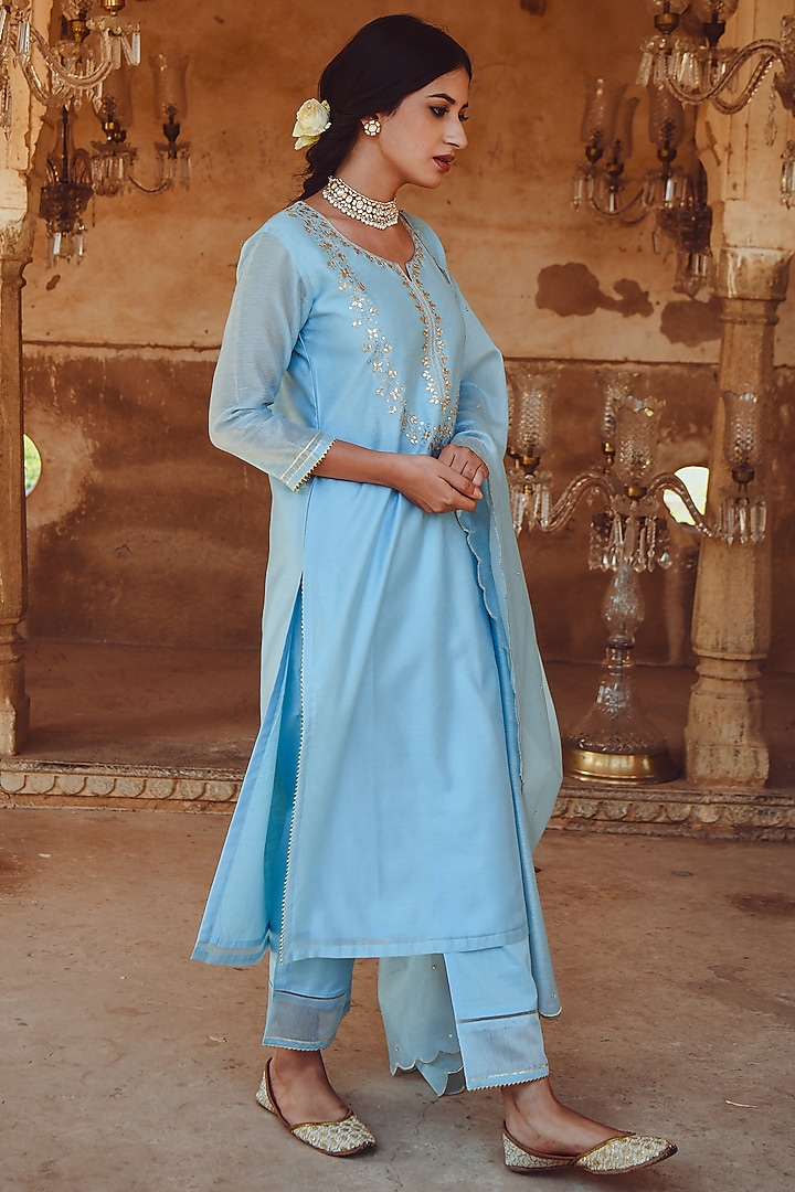 Sky Blue Embroidered Kurta Set by Karaj Jaipur at Pernia's Pop Up Shop