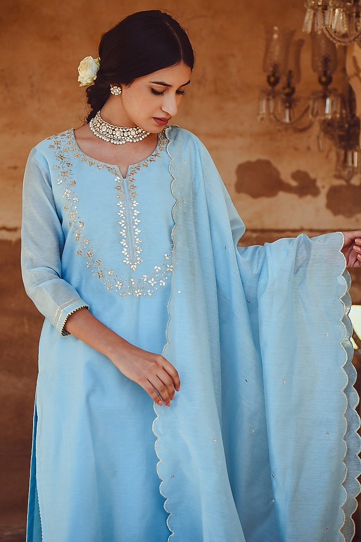 Sky Blue Embroidered Kurta Set by Karaj Jaipur at Pernia's Pop Up Shop