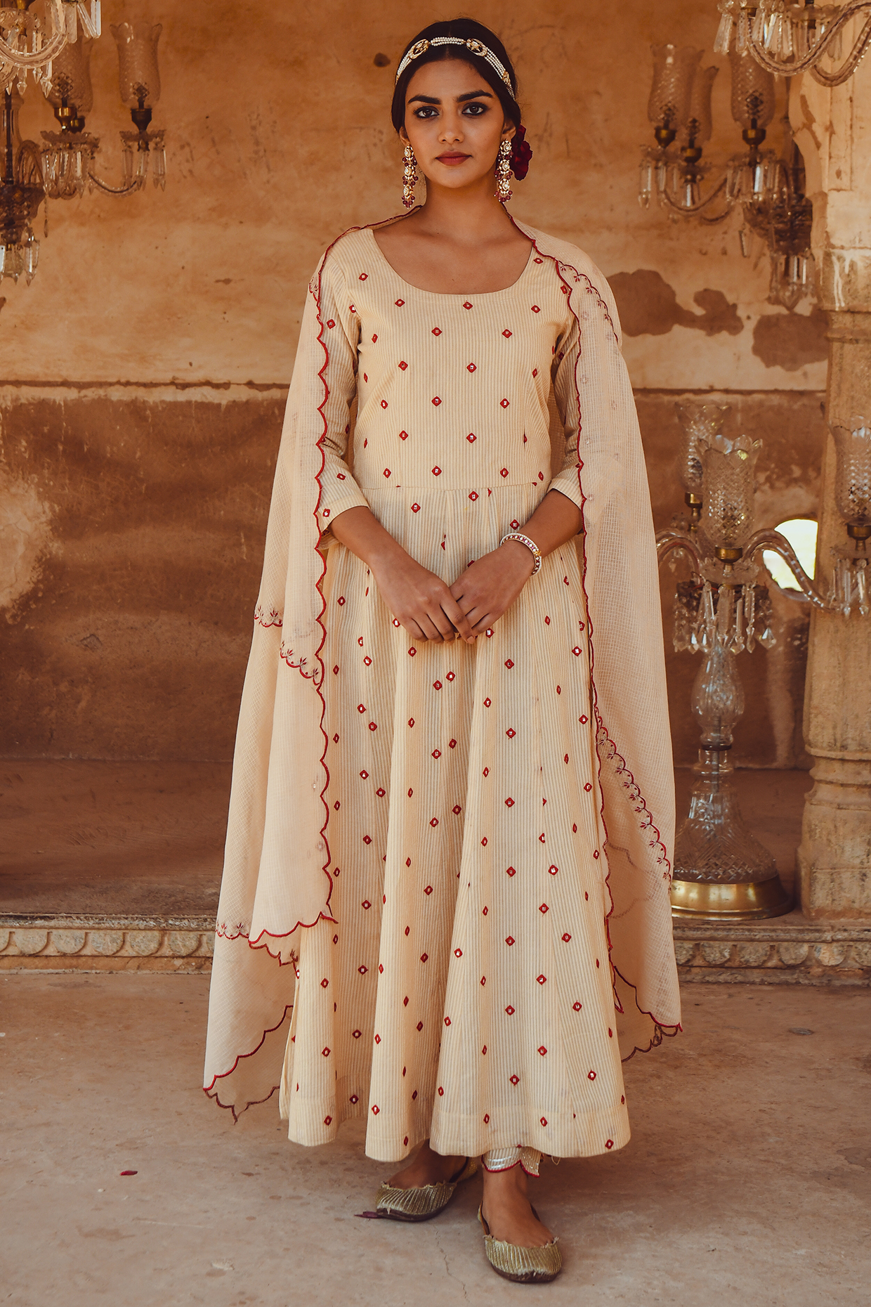 Beige Embroidered Anarkali Set by Karaj Jaipur