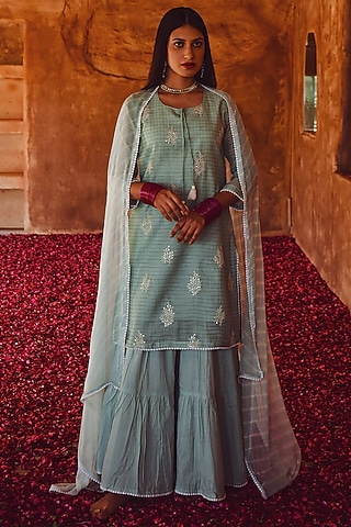 Ocean Blue Embroidered Kurta Set by Karaj Jaipur